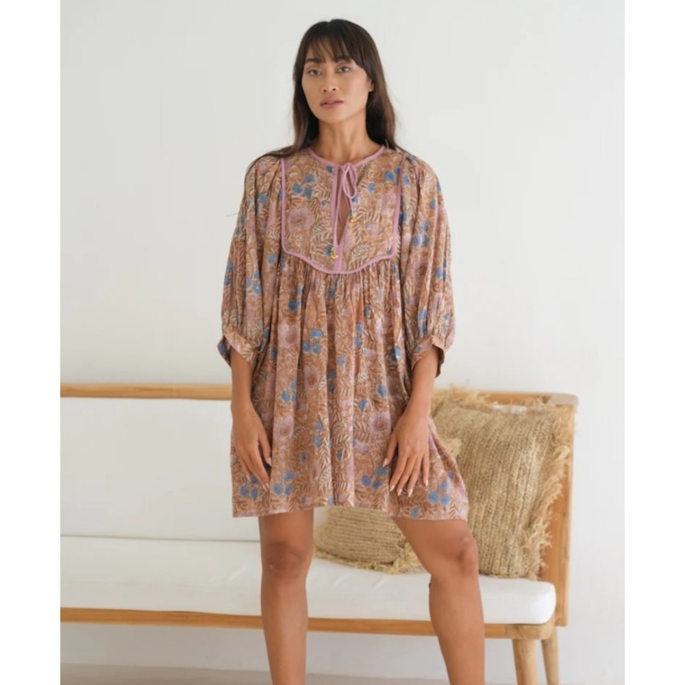 The Fox and The Mermaid‎ Zoha Mini Dress Artisan Handprinted Boho Floral Brown L